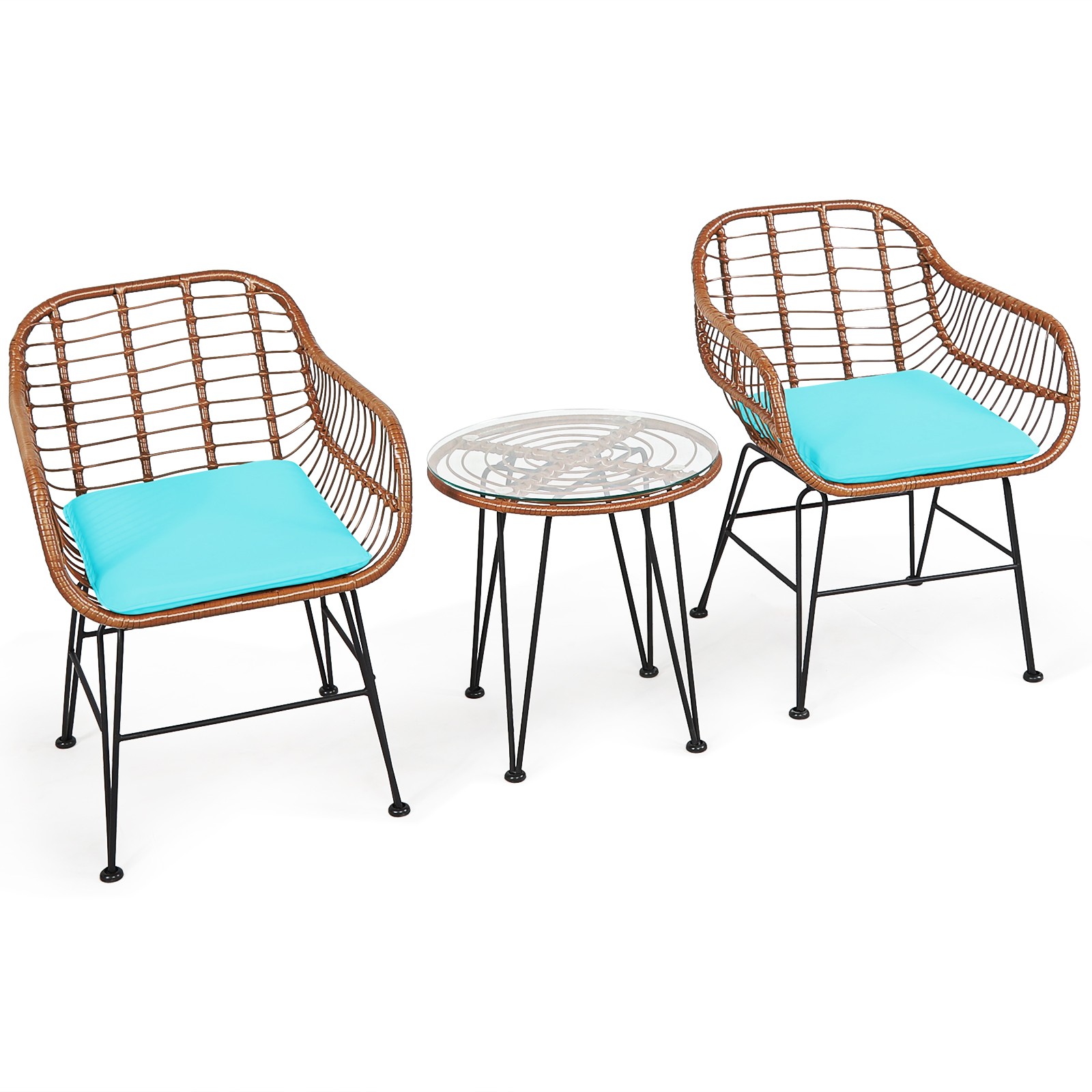 Costway 3PCS Patio Rattan Bistro Set Table Armchair Garden Turquoise Cushion