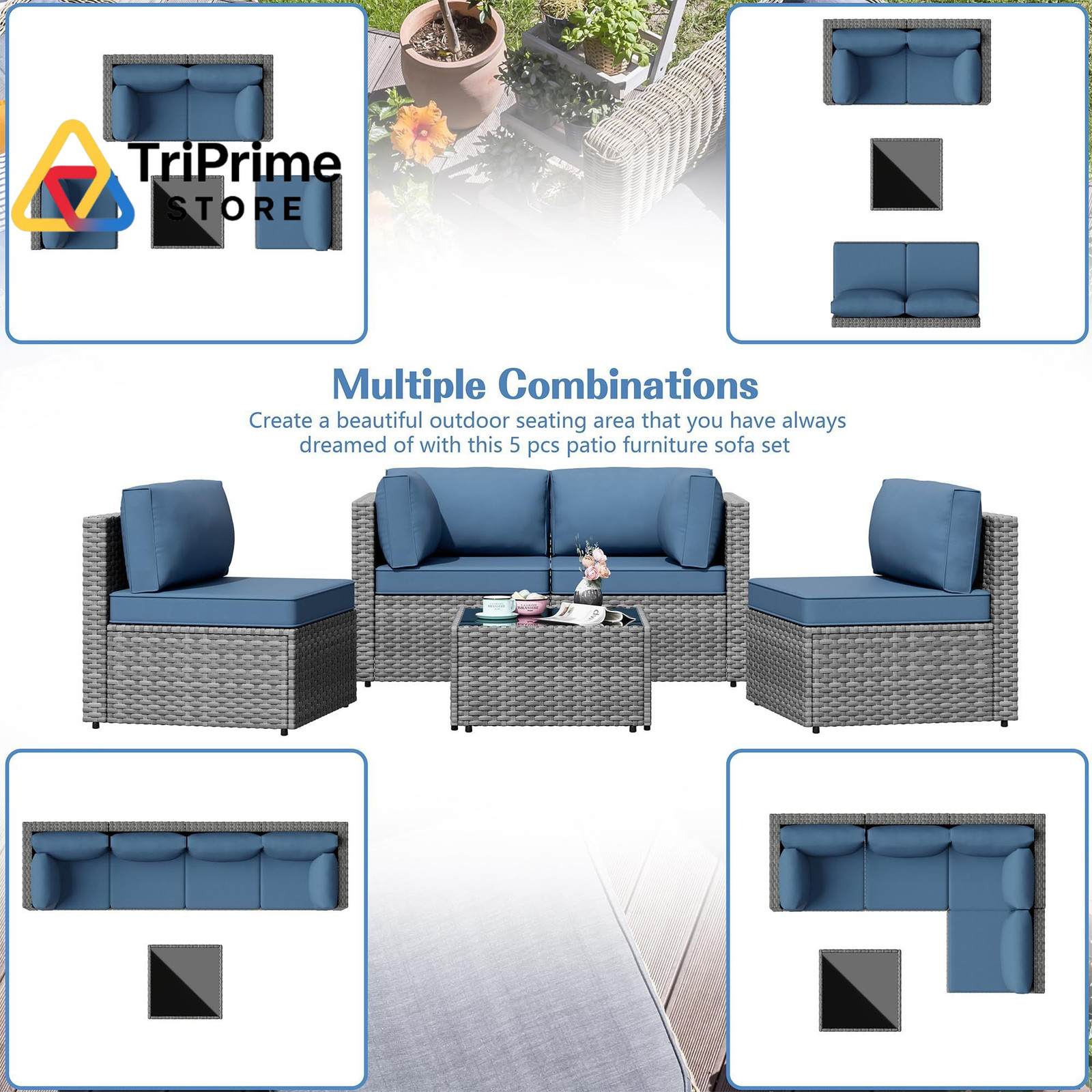 Shintenchi 5 Pieces Outdoor Patio 5 Sets, Aegean Blue/5