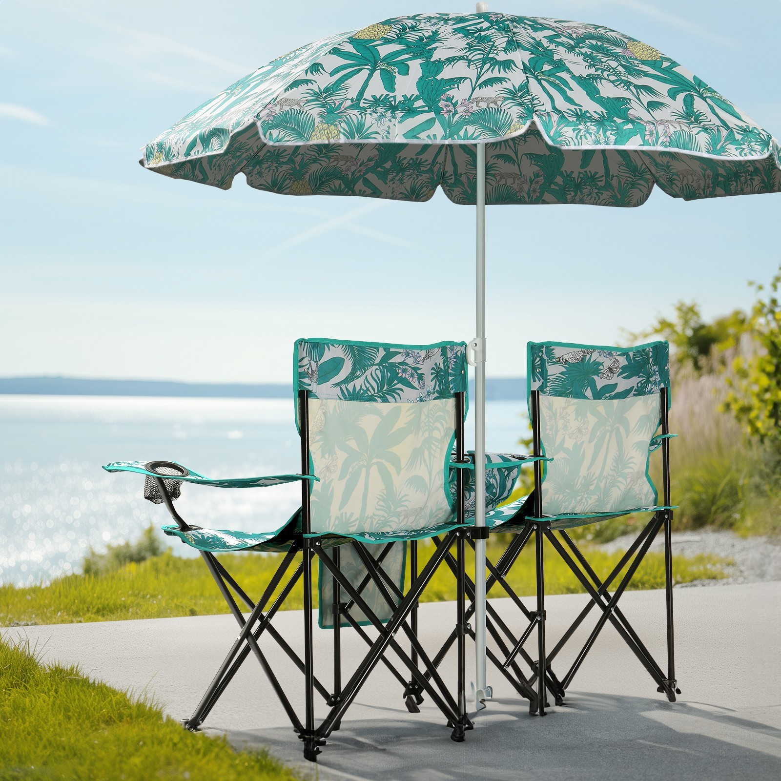 ❄️FREE SHIPPING!❄️2 Foldable Outdoor Chairs & Umbrellas 4 Camping or Tailgating!