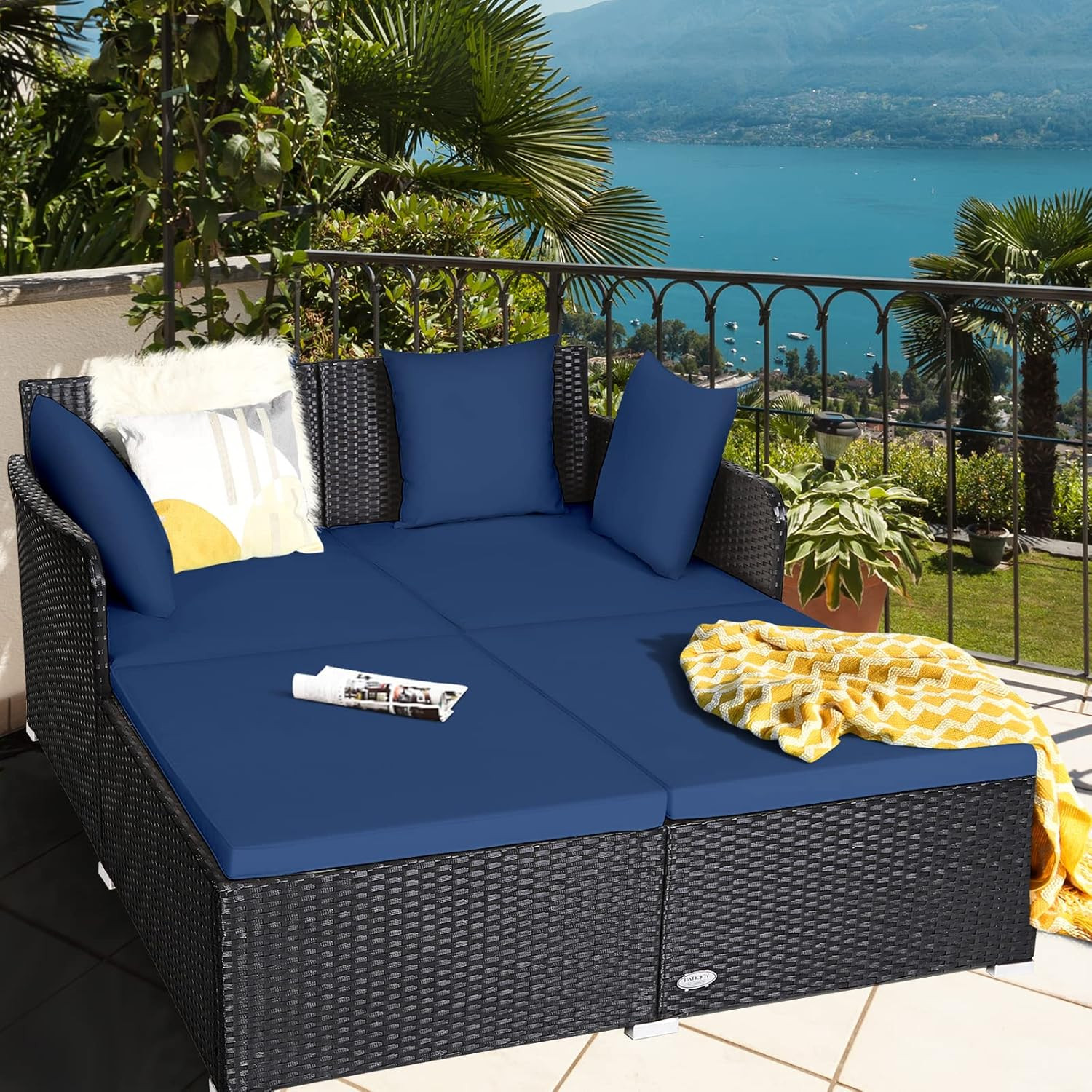 Navy Blue Rattan Outdoor Daybed with Cushions & Pillows for Relaxation