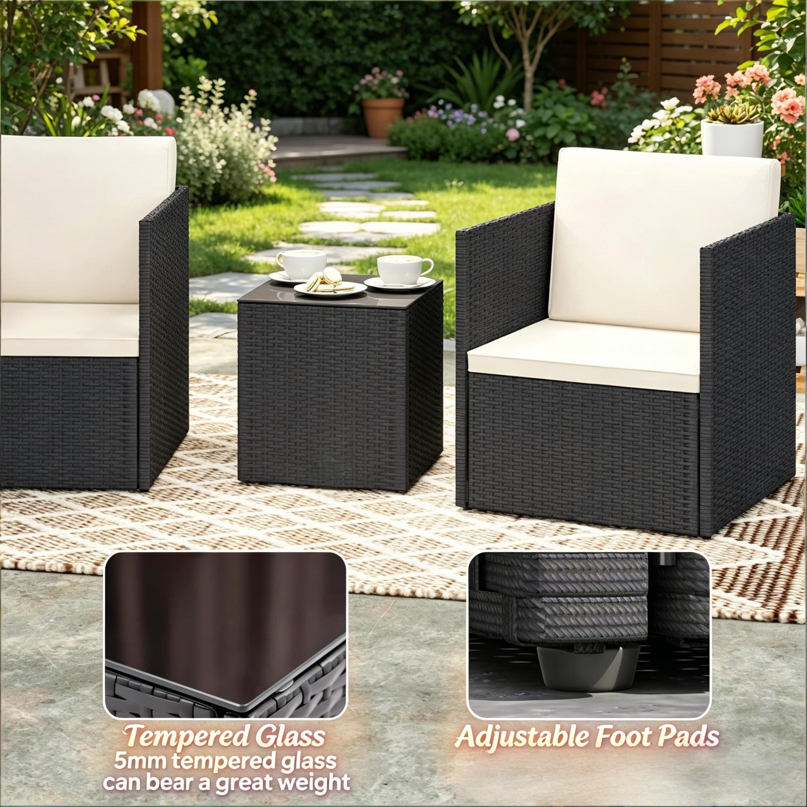 3-Piece Folding Bistro Set, PE Rattan & Steel Frame, Black & White