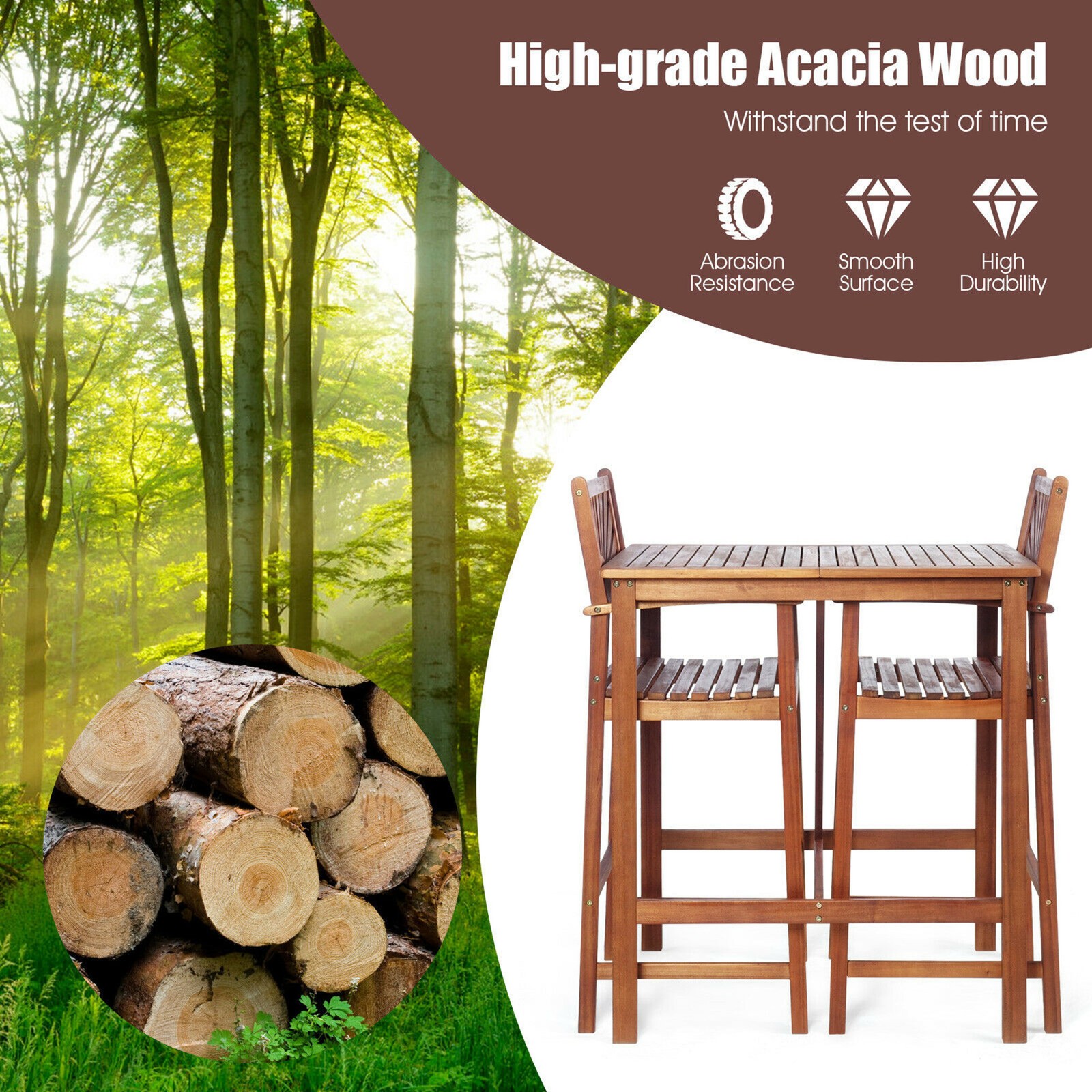 3PCS Patio Acacia Wood Bar Table & Stool Set Outdoor Dining Bistro Set