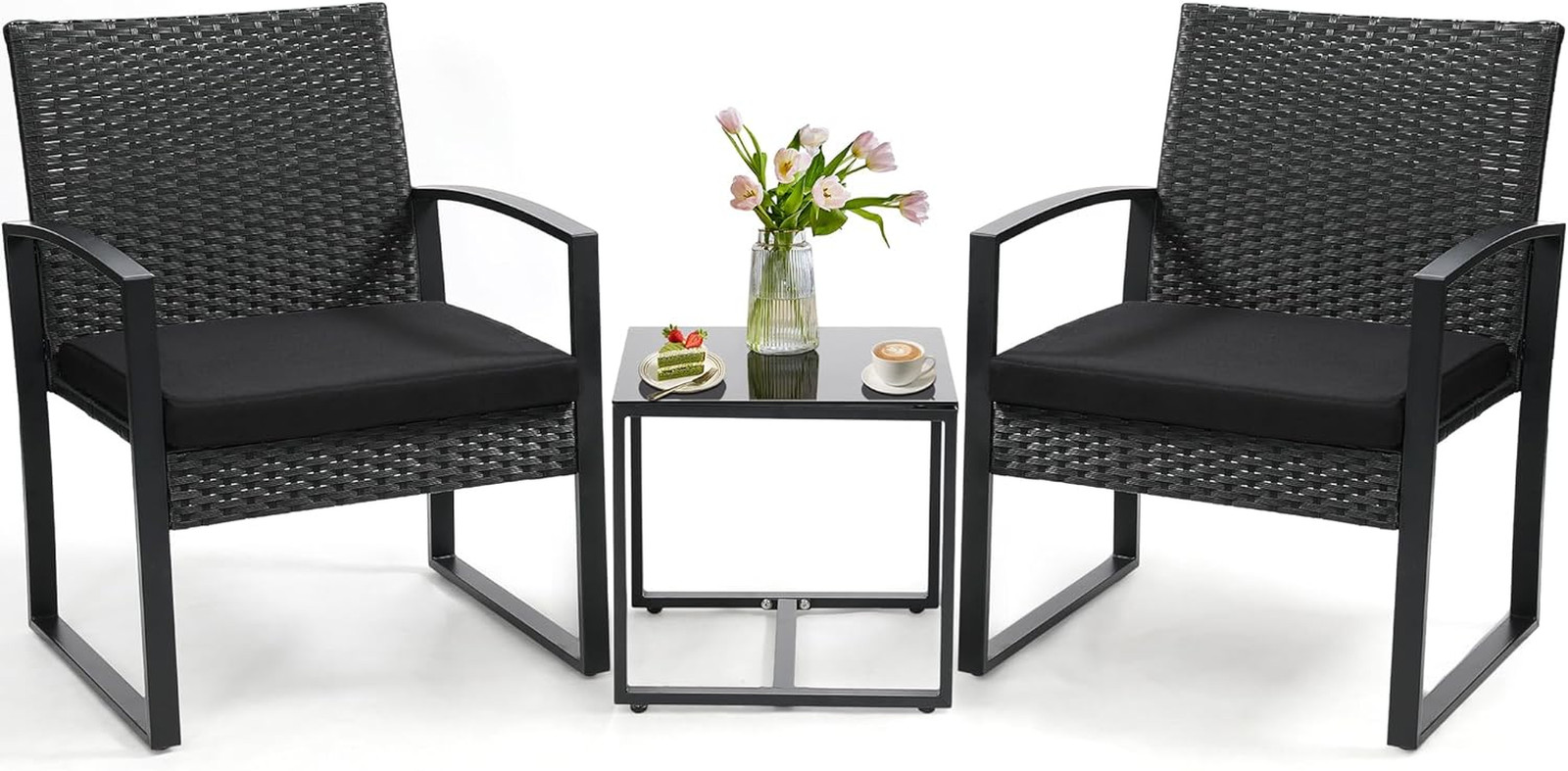3 Piece Outdoor Wicker Bistro Set, Rattan Patio Conversation Set with Coffee Tab