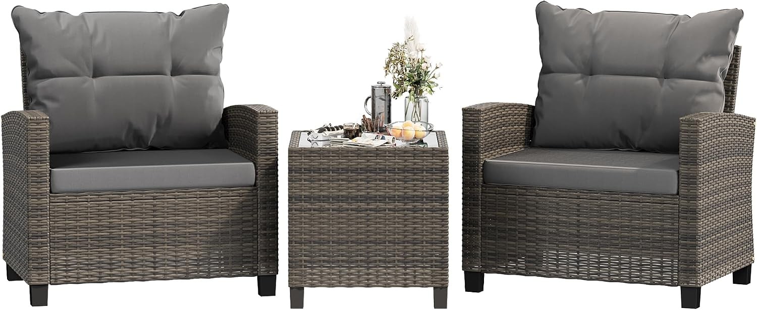3 Pieces Patio Furniture Set 3 Pieces PE Rattan Wicker Chairs with Table Outdoor