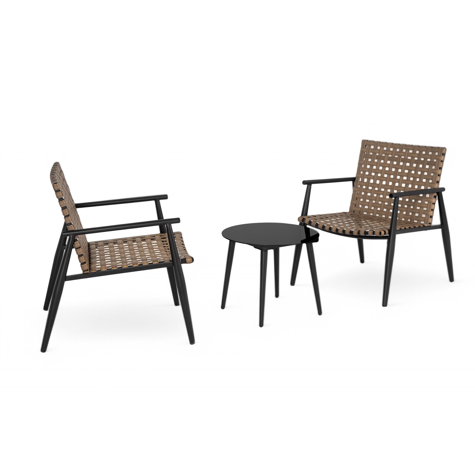 Modern Outdoor Chat Set: 2 PE Rattan Chairs + Black Steel & Glass Side Table