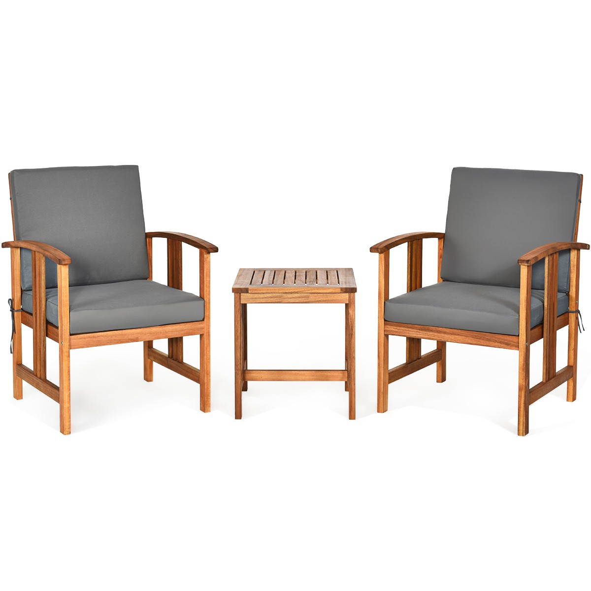 3 PCS Patio Furniture Set Solid Wood Cushioned Sofa Conversation Set Deck Grey