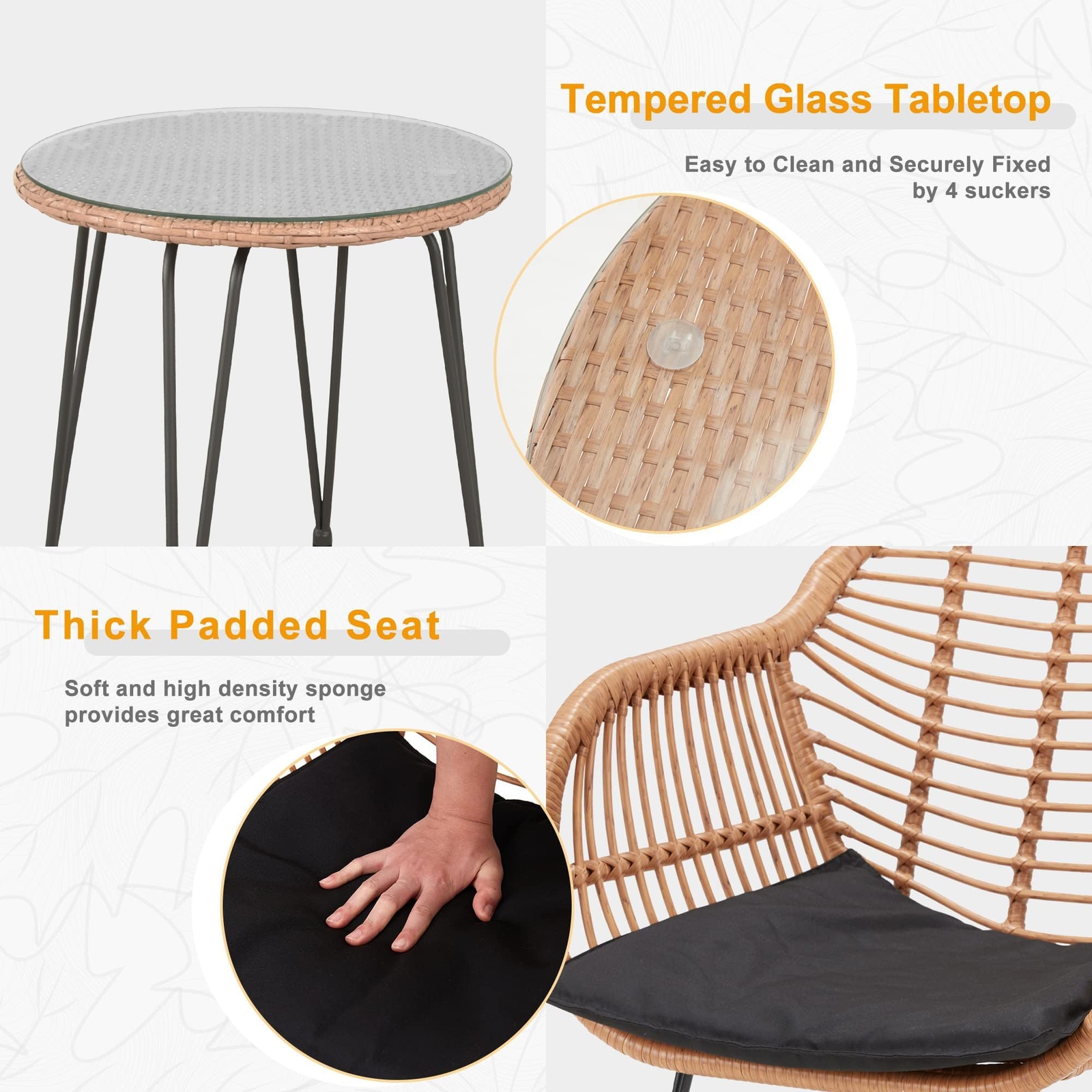 Outdoor Rattan Patio Set with modern Chairs, Cushions, and Glass Coffee Table