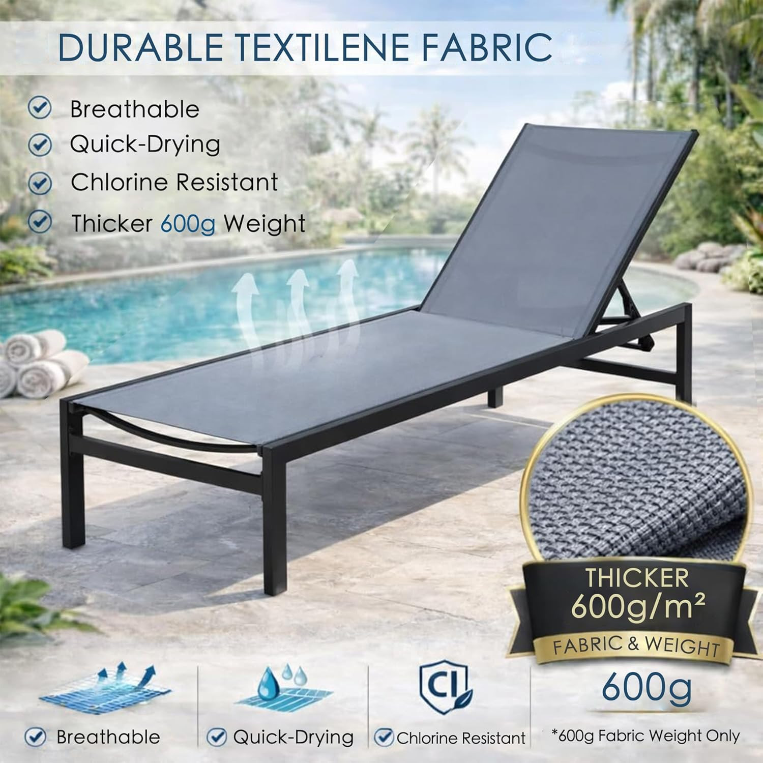 Outdoor Chaise Lounge, Aluminum Frame and Textilene Fabric, Adjustable Reclining