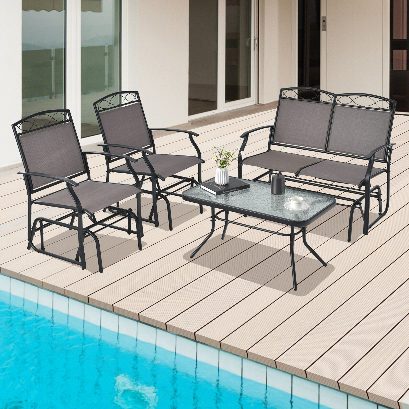 4PCS Patio Glider Conversation Set Coffee Table Rocking Chair for Backyard Porch