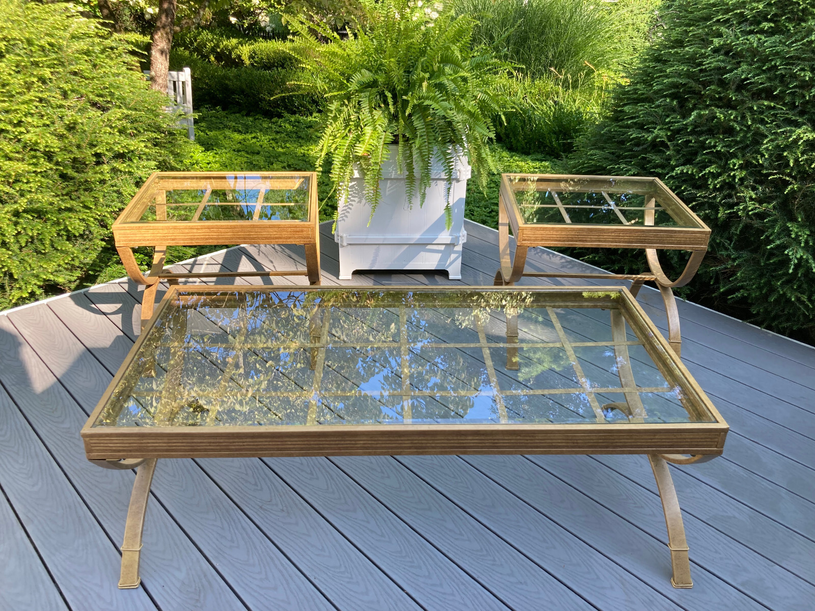 3 RESTORATION HARDWARE INDOOR OUTDOOR STEEL GLASS PATIO DECK COFFEE & END TABLES