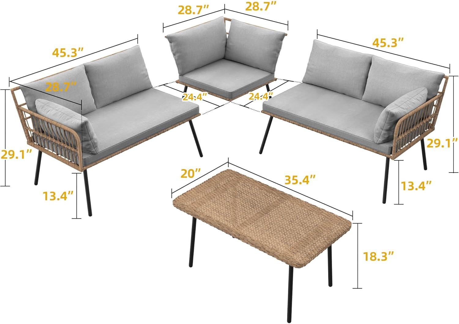 4-Piece Outdoor Sectional Sofa Set, All-Weather Wicker L-Shaped 5-Seater Patio F