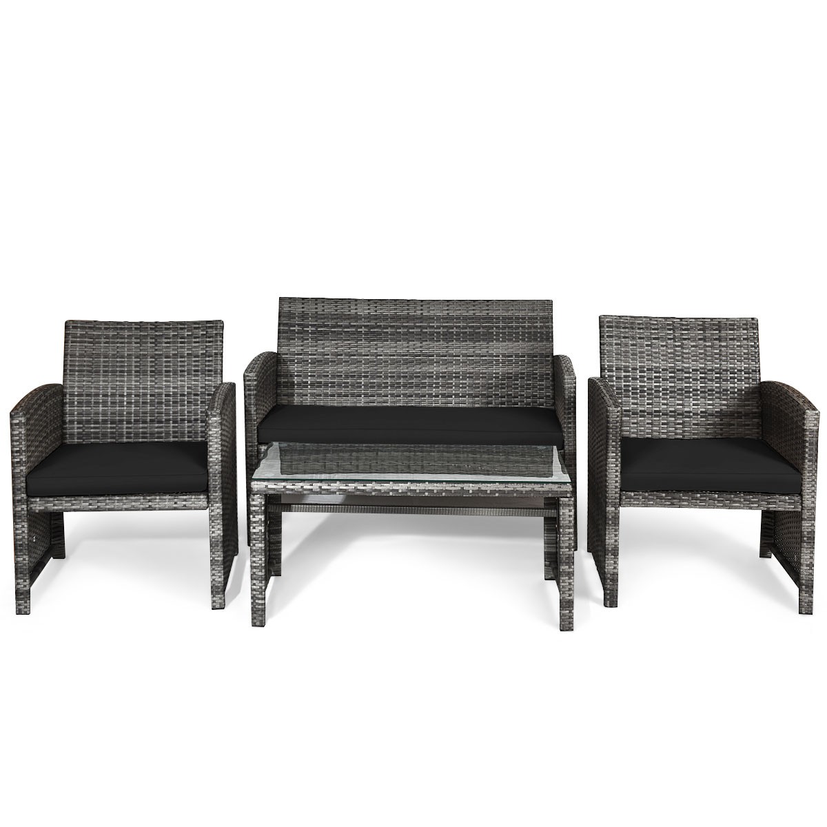 4PCS Patio Rattan Furniture Set Conversation Glass Table Top Sofa Cushioned