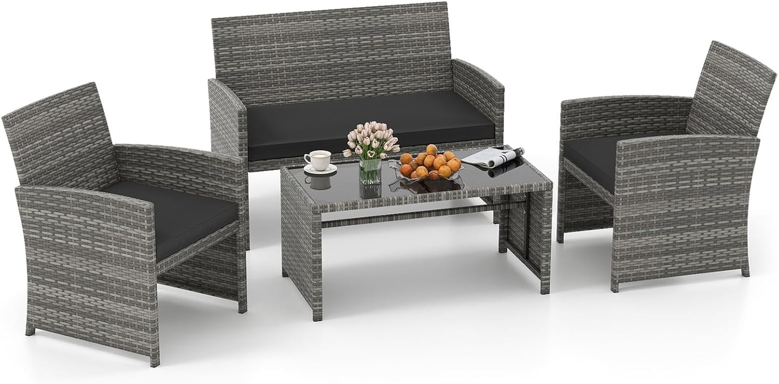 4 Piece Patio Wicker Furniture Set, Outdoor Heavy Duty Rattan Cushioned Chairs,