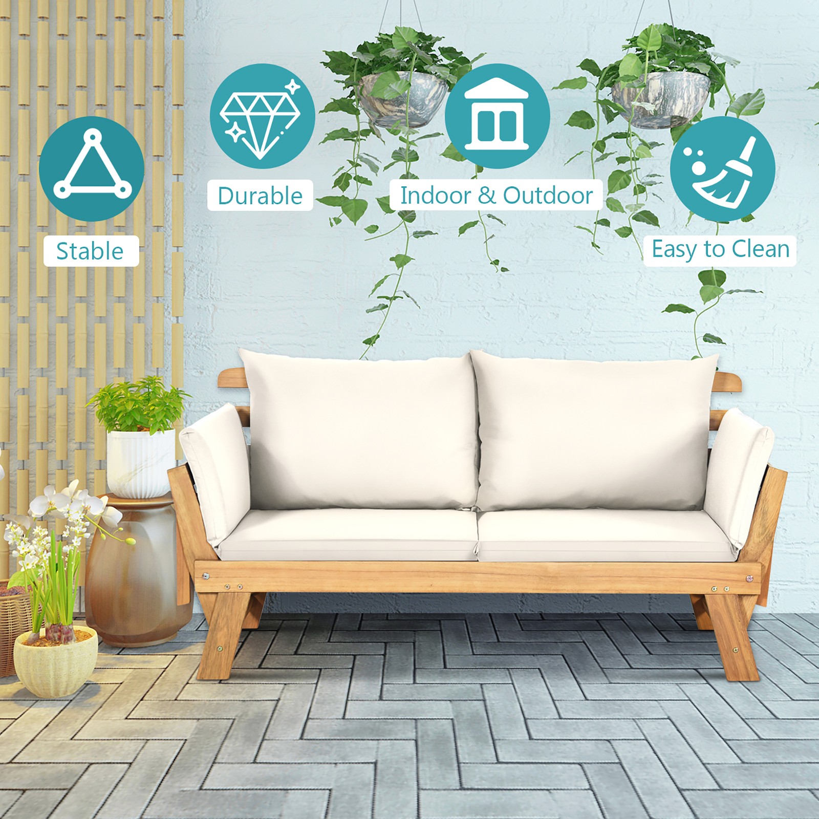 Adjustable Patio Sofa Daybed Acacia Wood Furniture w/ White Cushions