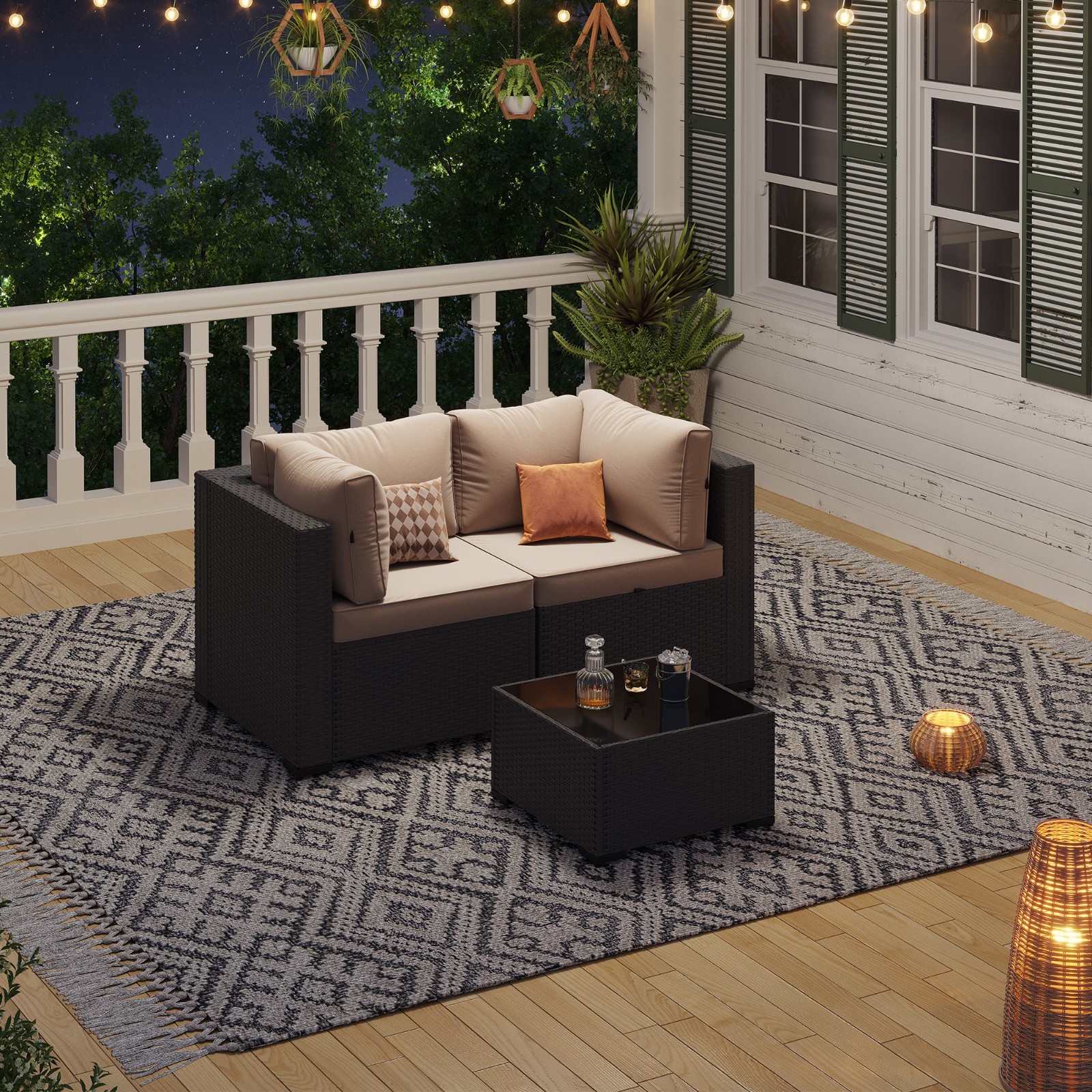3-Piece Black Rattan Sofa Set Beige Cushions Coffee Table