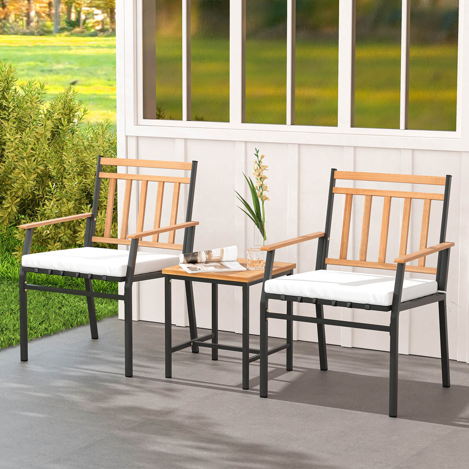 3 PCS Outdoor Furniture Set w/ Coffee Table Heavy-Duty Metal Frame for Balcony