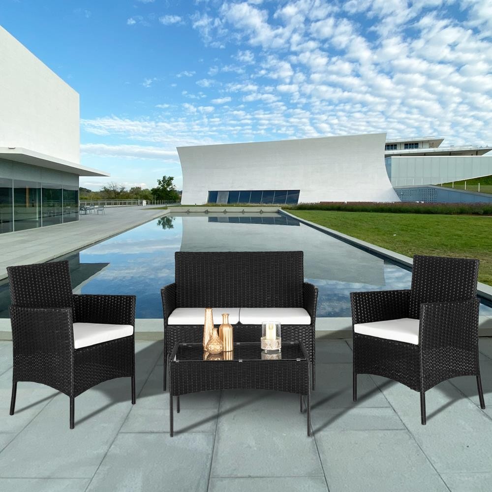 4 PCS Patio Furniture Rattan Wicker Garden Table Sofas Set w/ Cushions Black