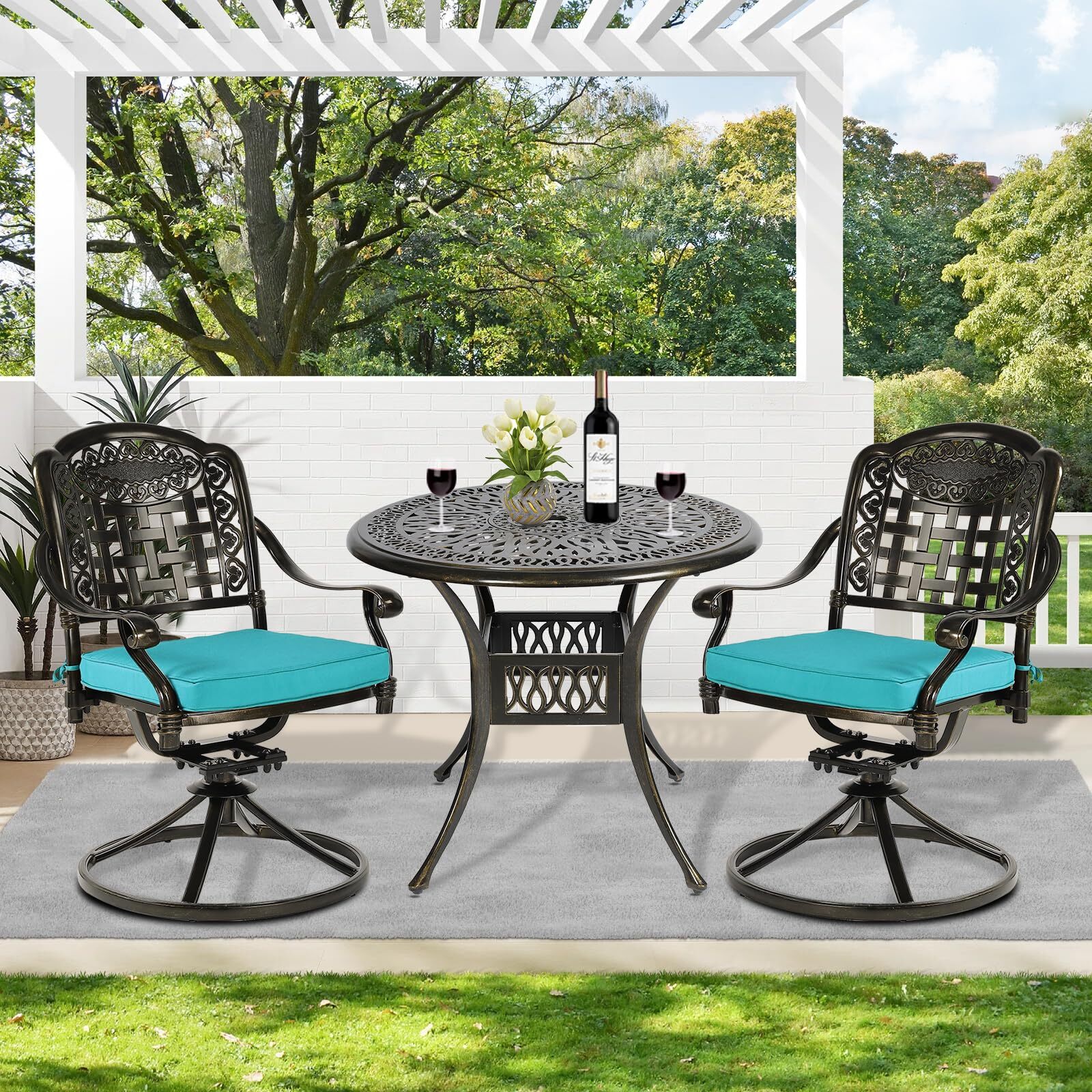 3PC Patio Bistro Set Cast Aluminum Patio Bistro Table and Chairs Set for Garden