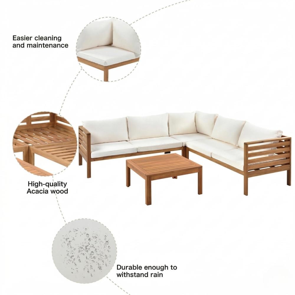 4PCS Acacia Wood Patio Sectional Sofa Set w/UV Protected Cushions & Coffee Table