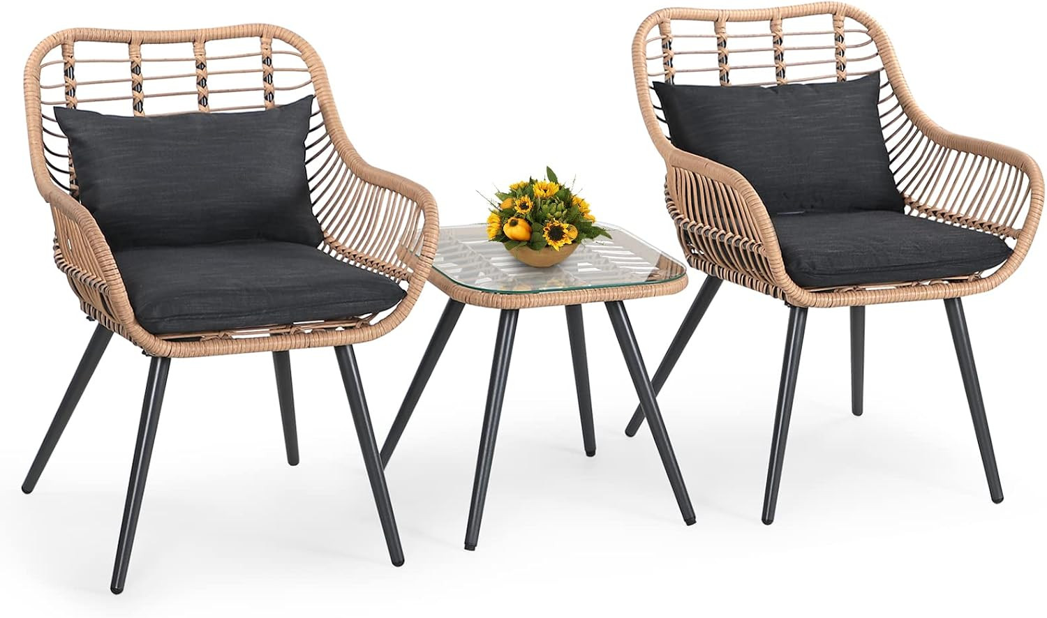 3 Piece Patio Bistro Set, Outdoor Wicker Conversation Chair Sets Balcony Furnitu