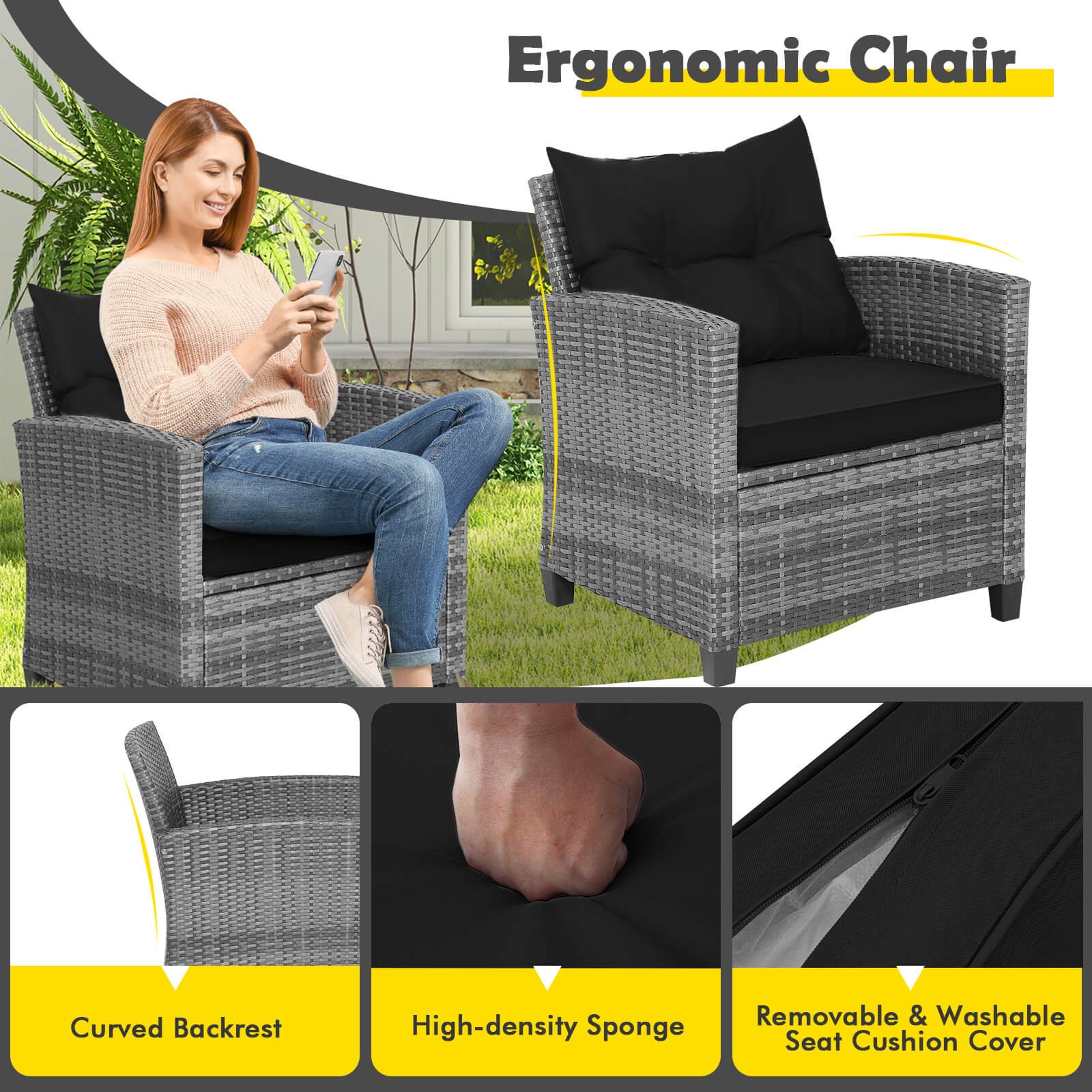 3PCS Patio Rattan Furniture Bistro Set Cushioned Sofas Side Table Armrest