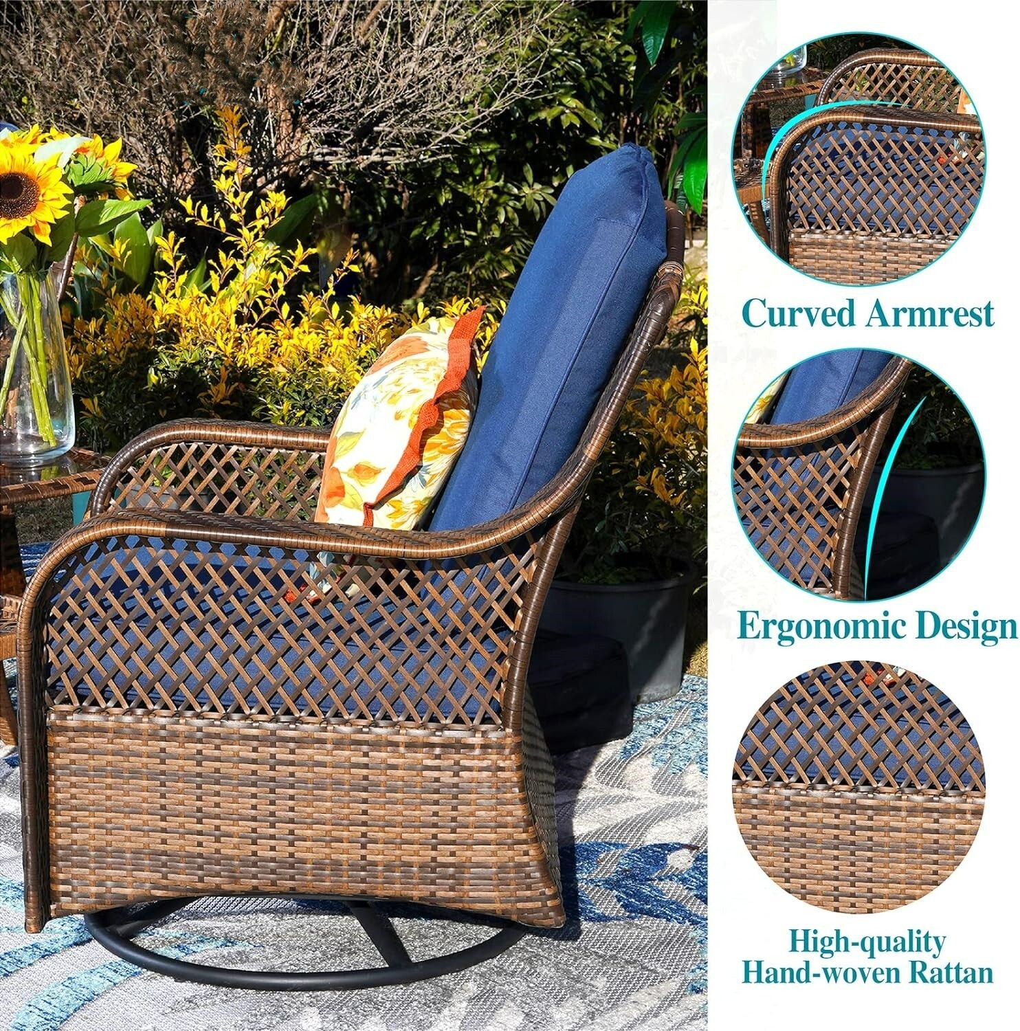 4 Piece Patio Furniture Set Outdoor Swivel Rocker Chairs with Gas Fire Pit Table