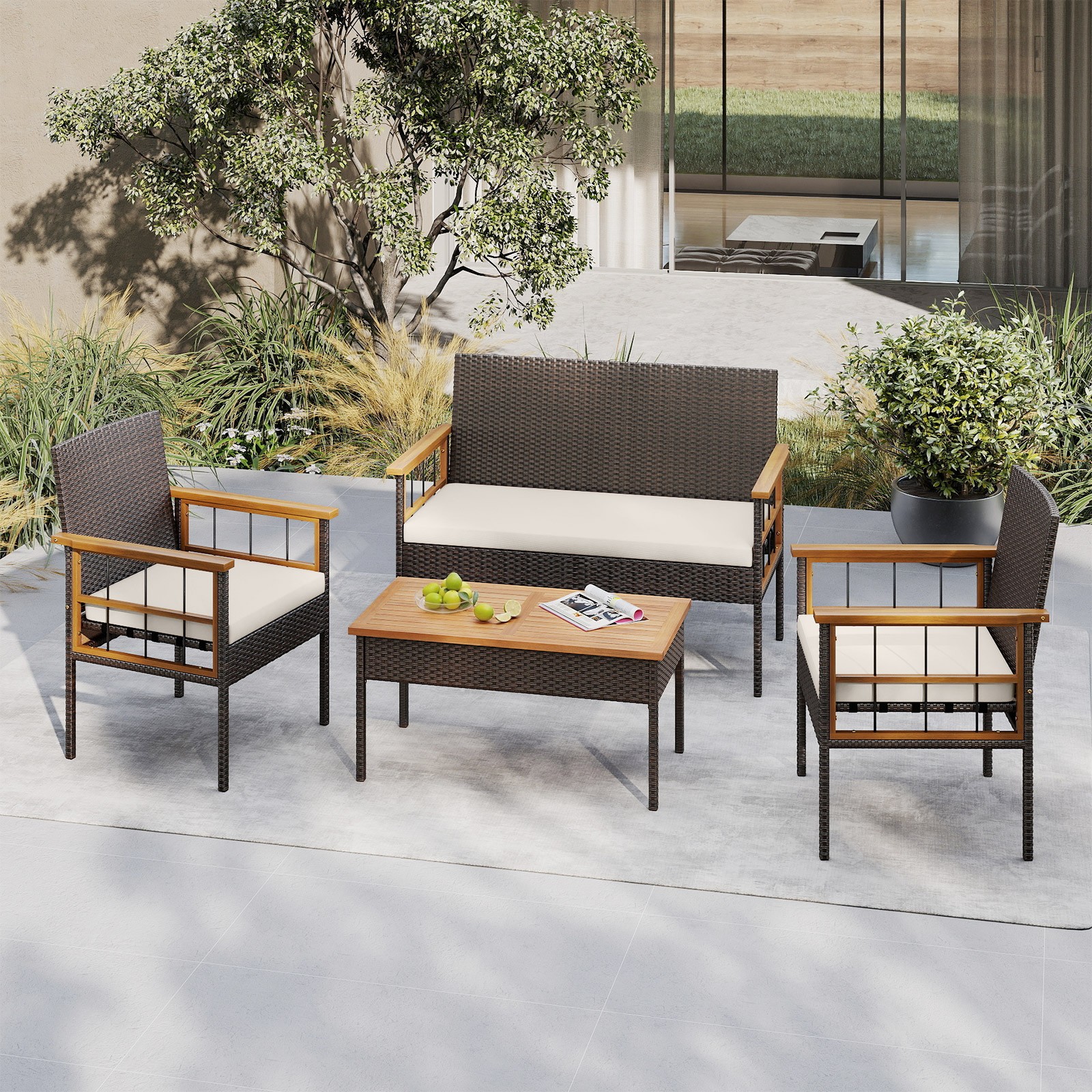 Set of 4 Wicker Furniture Set w/Acacia Wood Tabletop Armrests Cushions for