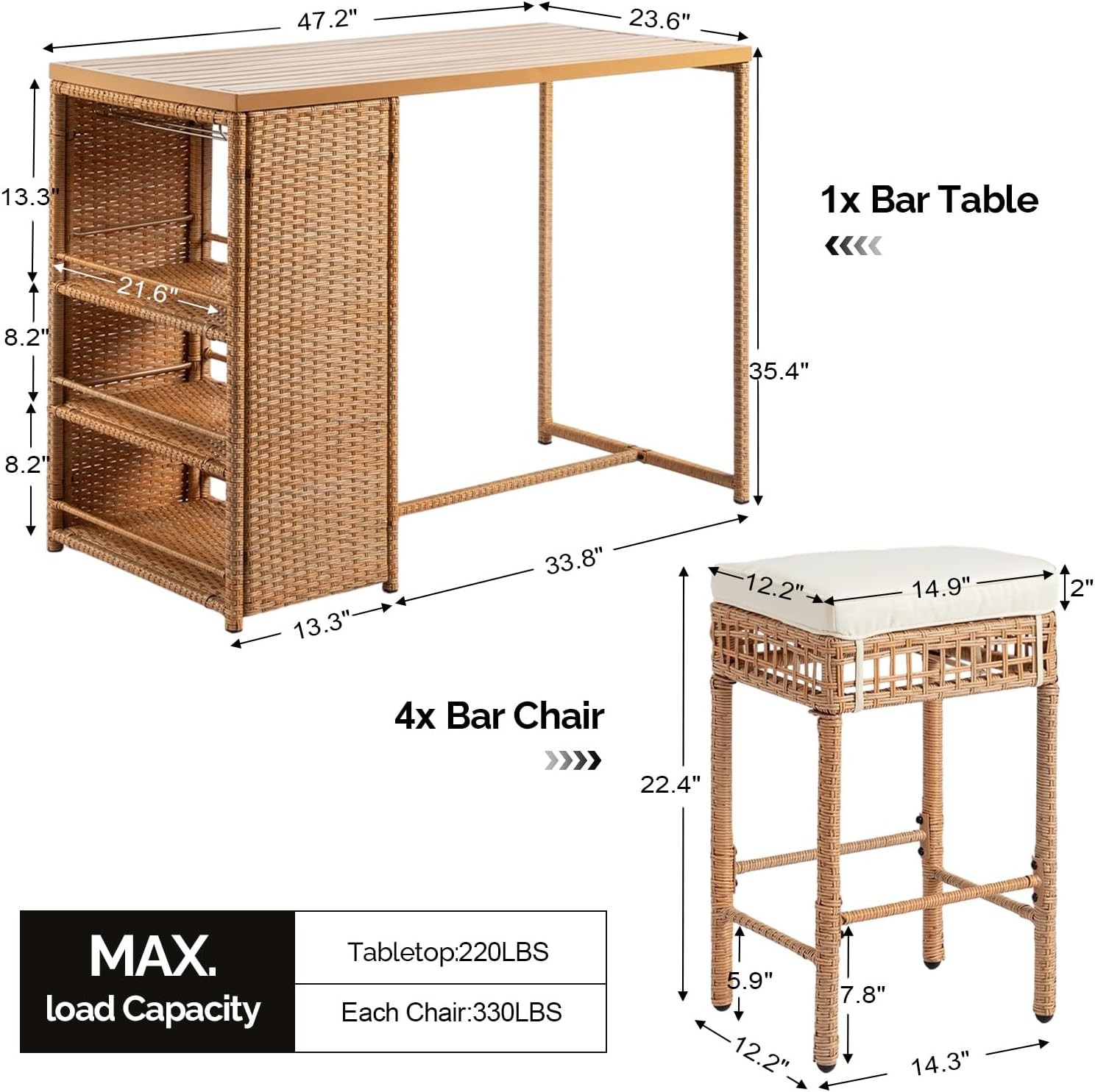 5-Piece Outdoor Bar Set Wicker Rattan Bar Height Patio Set w/4 Cushion Bar