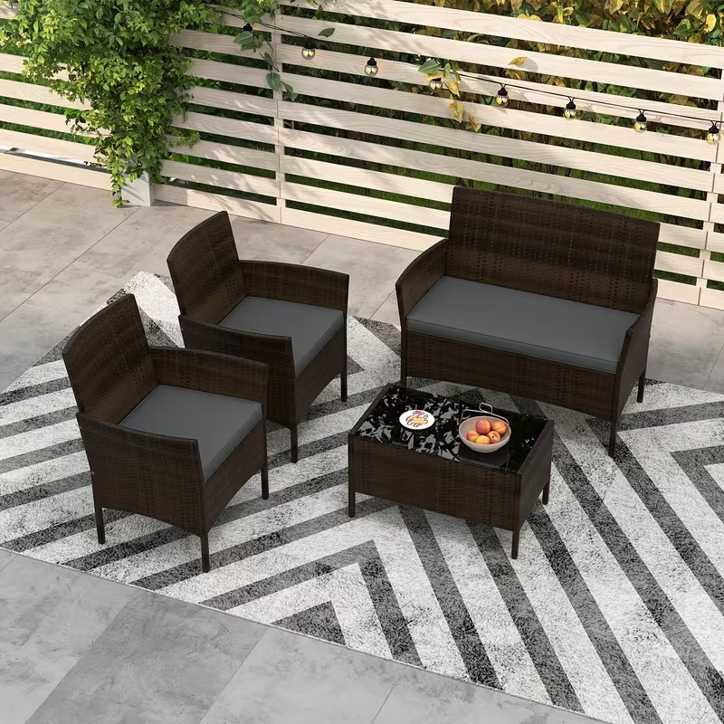 4PCS Hand-Woven Patio Rattan Outdoor Furniture Set w/ Washable Gray Cushions