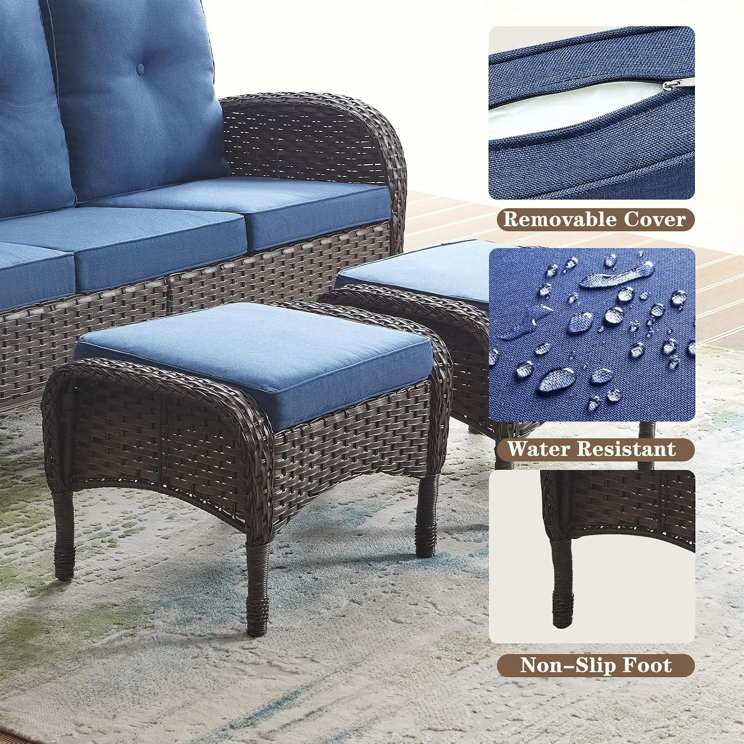 Outdoor Ottomans for Patio Foot Rest – 25 Inch PE Wicker Foot Stool Set of 2 wit