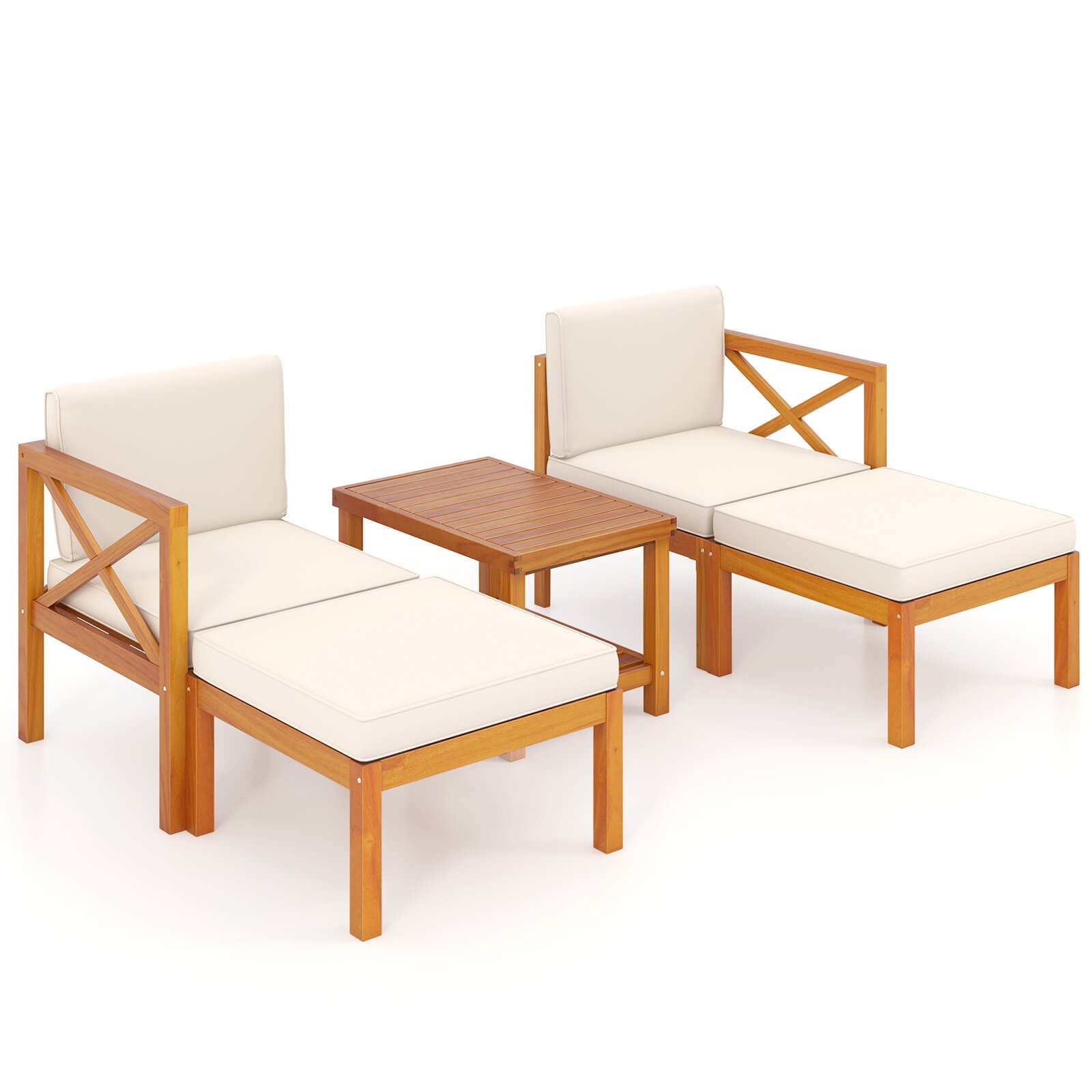 5 PCS Acacia Wood Patio Chaise Lounge Chair Set w/ Ottomans and Cushions