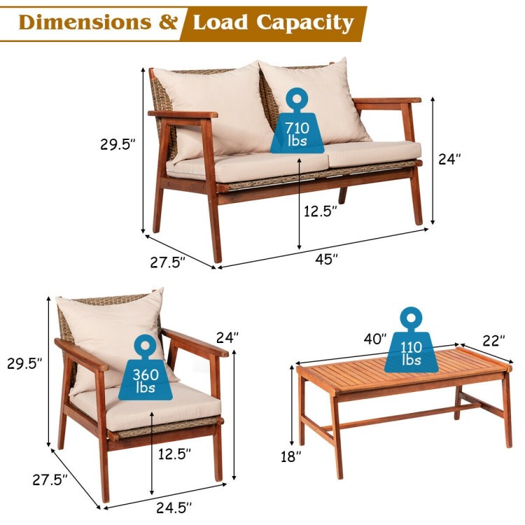 4-Piece Acacia Wood Patio Rattan Furniture Set with Cushions – Outdoor/Indoor
