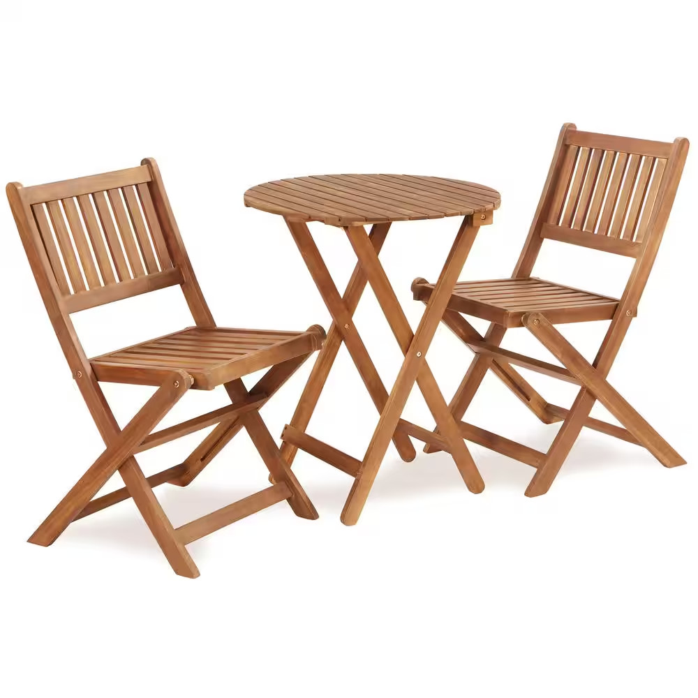 Light Brown 3-Piece Acacia Wood Outdoor Bistro Set Folding Patio Furniture for G