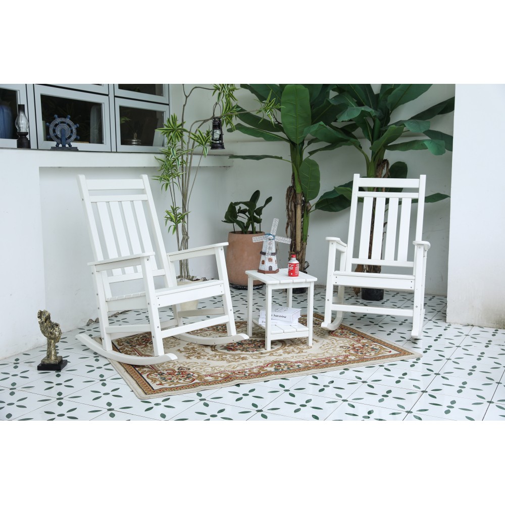 3-Piece All-Weather Rocking Chair Set with Side Table, Wood-Texture Plastic