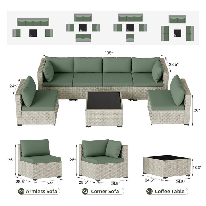 7 Piece Patio Conversation Set Outdoor Sectional PE Rattan Wicker Sofa Green