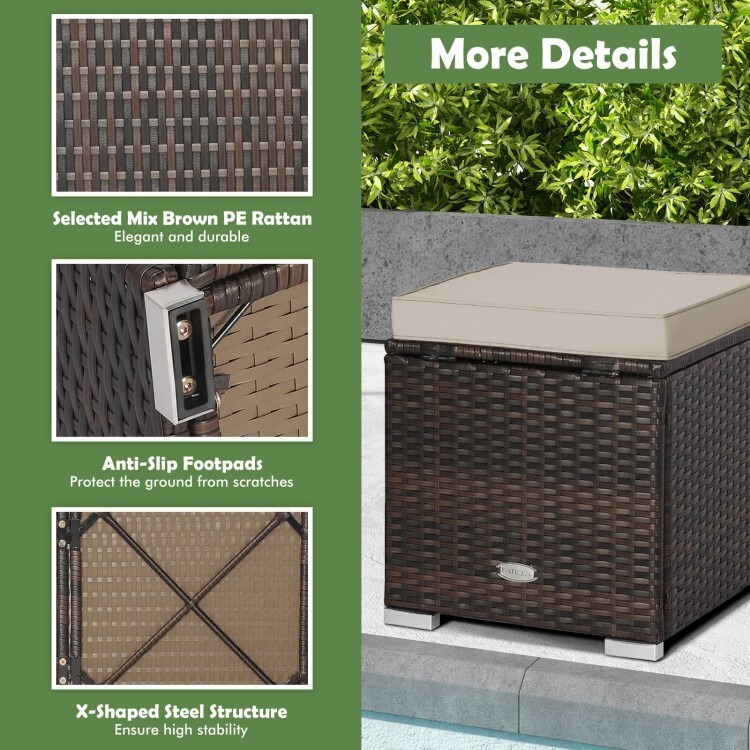 2Pcs Outdoor Patio Ottomans Hand-Woven PE Wicker Footstools w/Removable Cushions