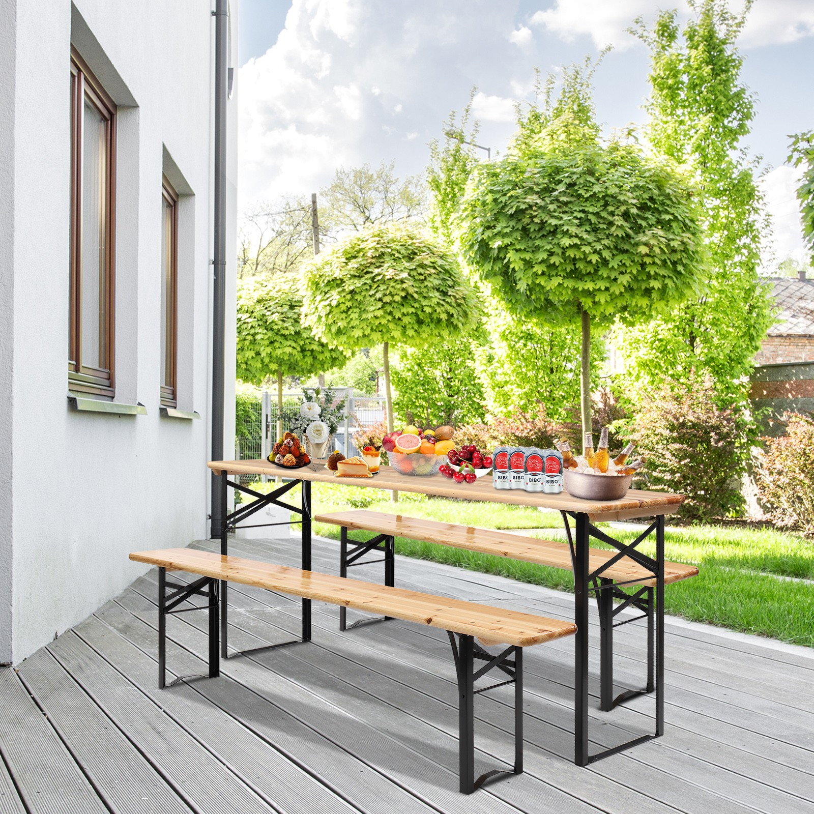 3Pcs Outdoor Wooden Folding Trestle Patio Beer Dining Garden Table & Bench Set