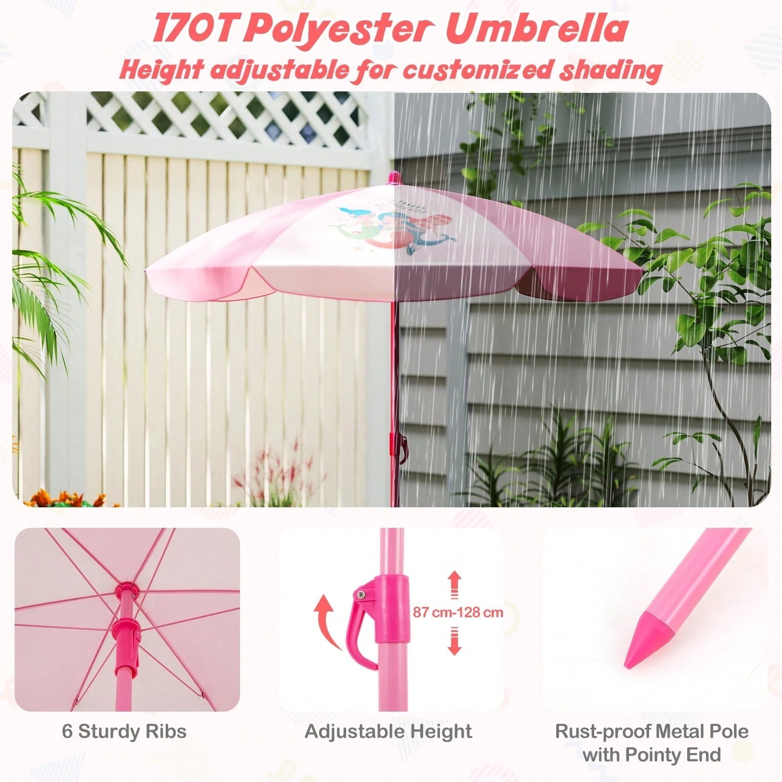 Kids Patio Picnic Table 2 Folding Chairs Set w/ Umbrella Toddlers Pink Mermaid