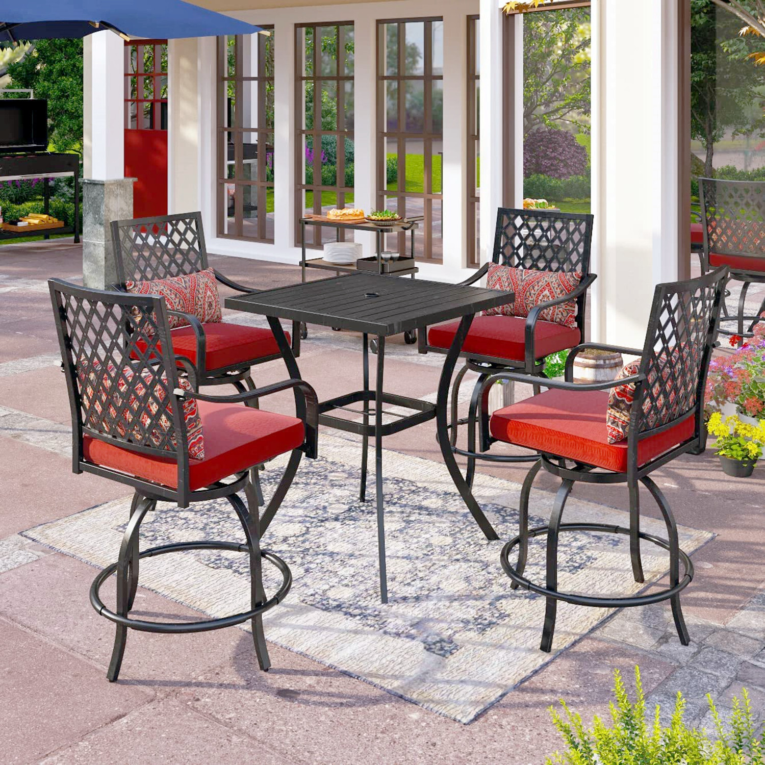 PHI VILLA 5 Piece Outdoor Bistro Set Patio Swivel Bar Chairs Bar Height Table