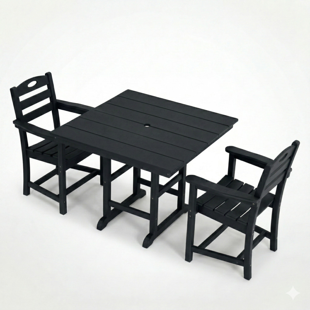 Black HDPE 3 Piece Outdoor Patio Dining Set Square Table 2 Armchairs Weather