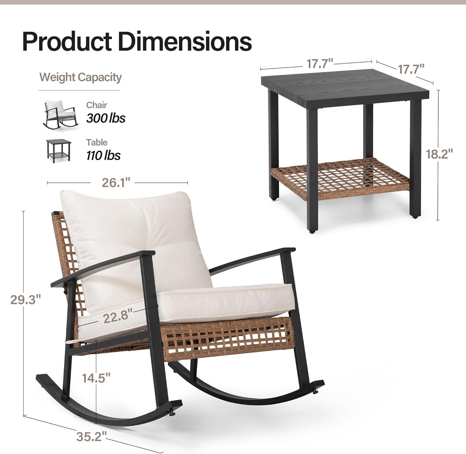 LAUSAINT HOME 3-Piece Rocking Bistro Set, Outdoor Patio Furniture with Thick Cus