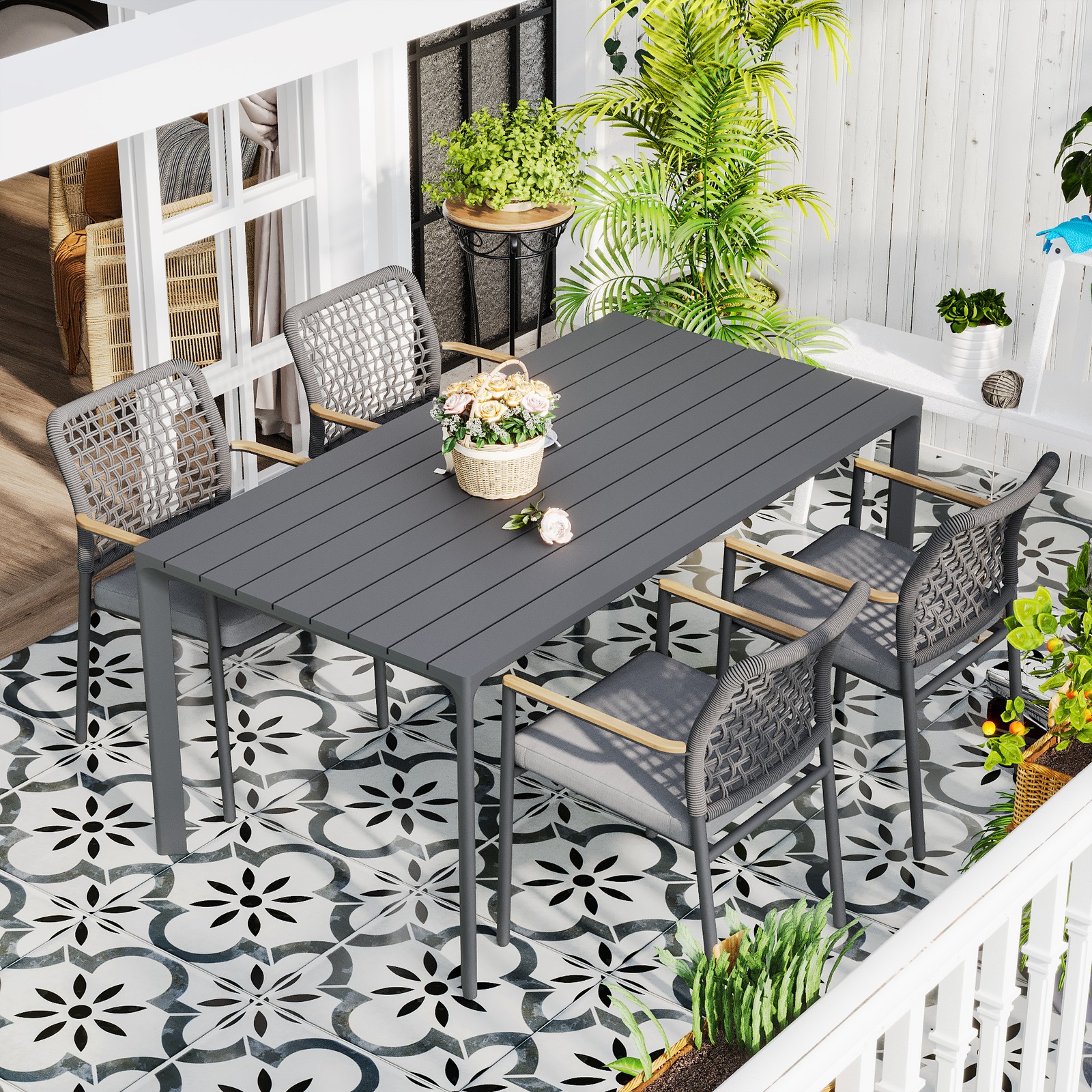 Outdoor Aluminum Dining Table and Chairs Set Fade Resistant Cushions & FSC Teak