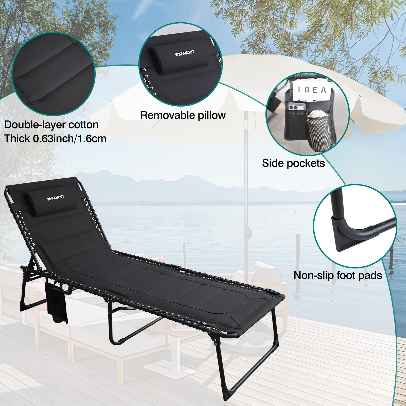 WKFAMOUT Outdoor Folding Lounge Chair Padded for Adults 74.80*23.23, Black_s