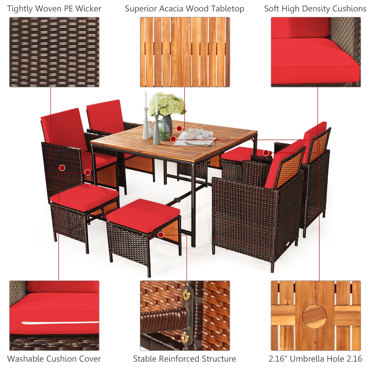 9PCS Patio Rattan Dining Set Cushioned Chairs Ottoman Wood Table Top Red