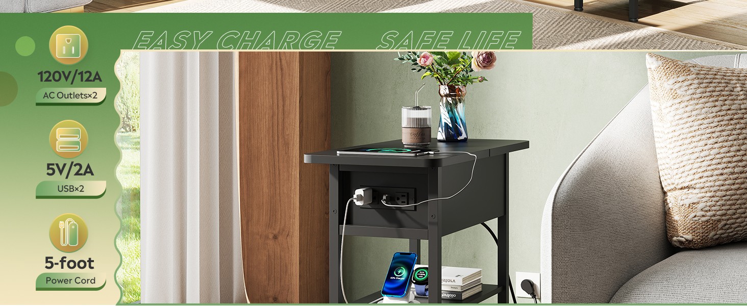 End Table with Charging Stat, Flip Narrow Side Table with