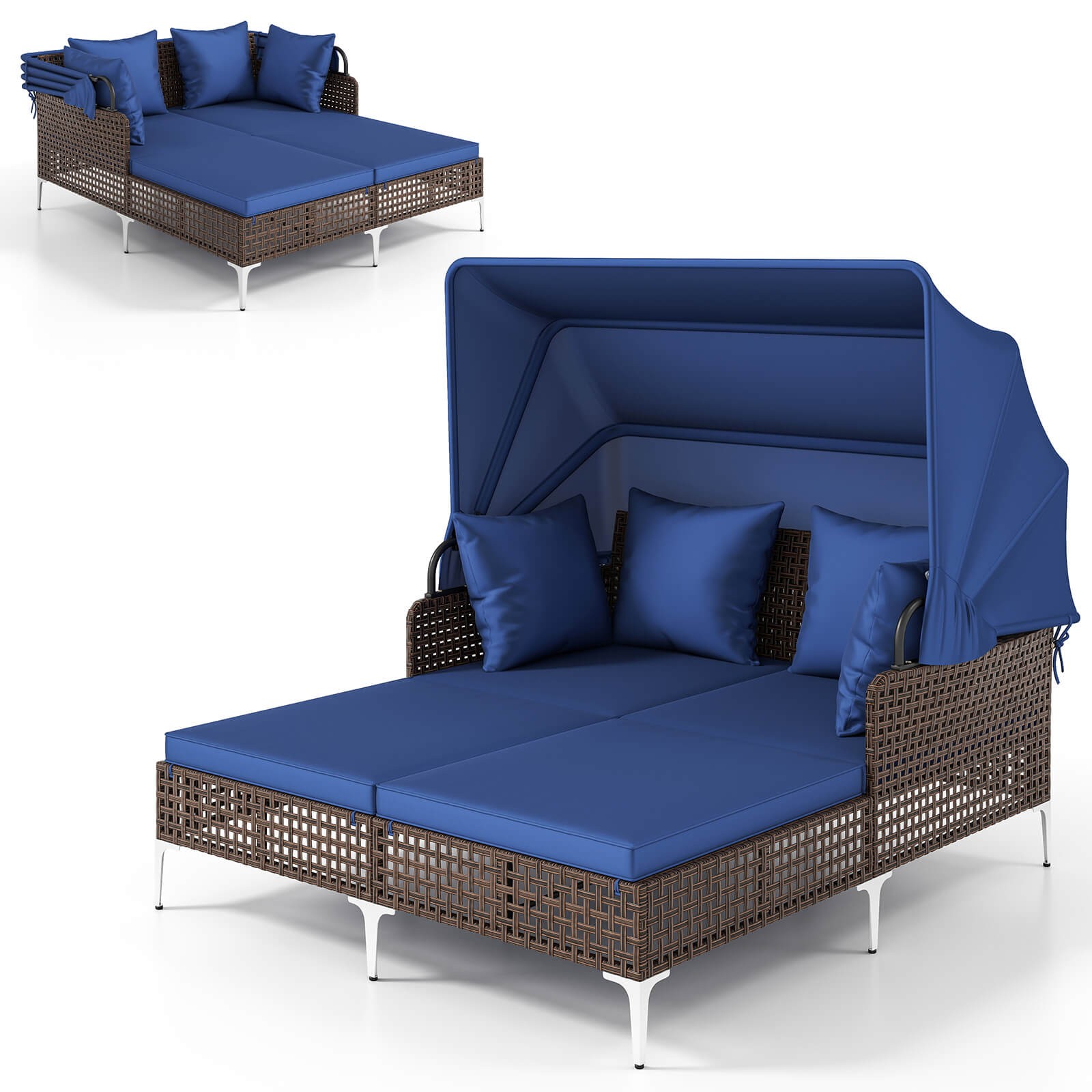 Outdoor Rattan Double Daybed w/ Retractable Canopy & Seat Back Cushions