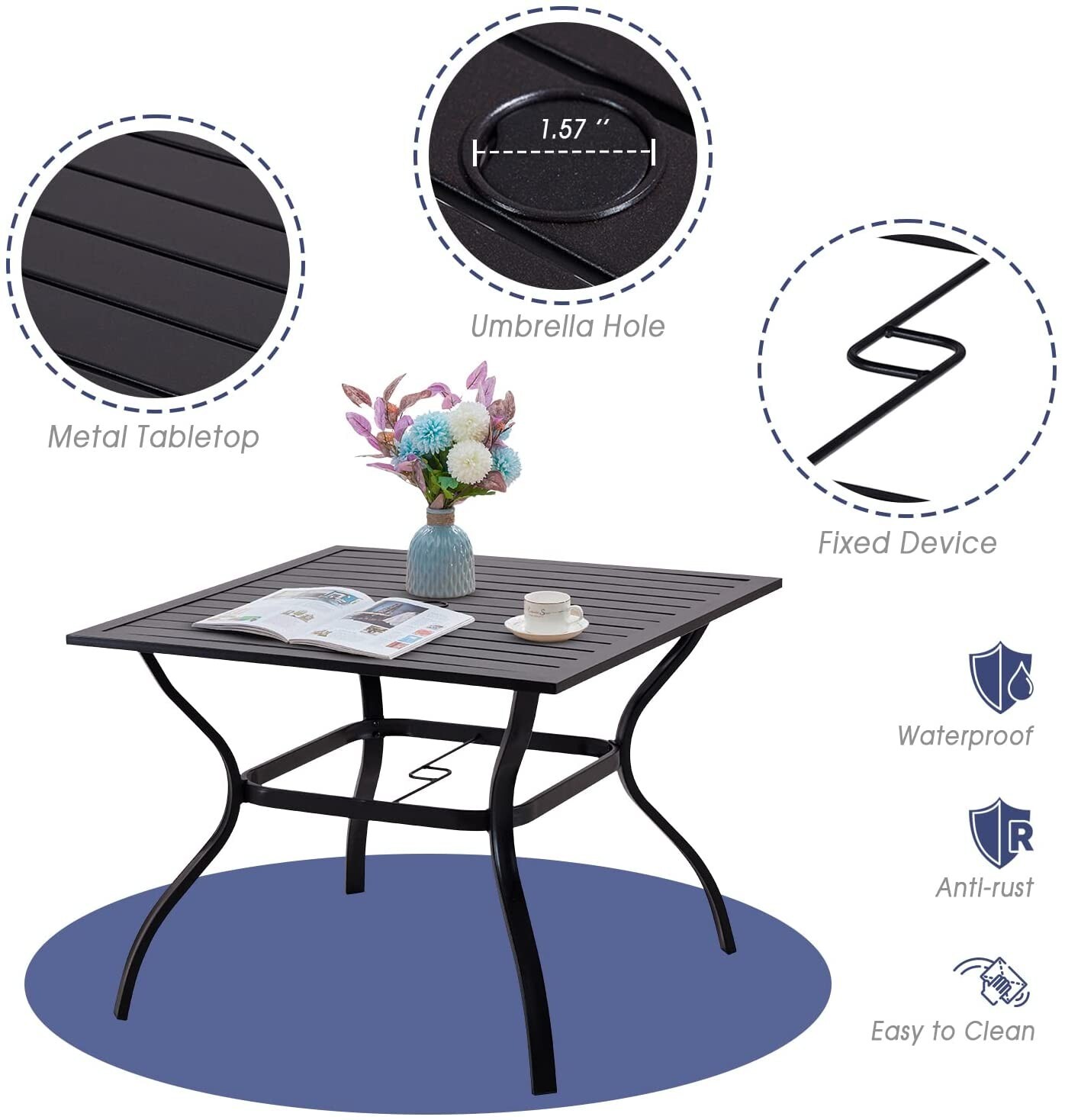 4Pcs Outdoor Patio Dining Set Swivel Chairs & Metal Square Table w/Umbrella Hole