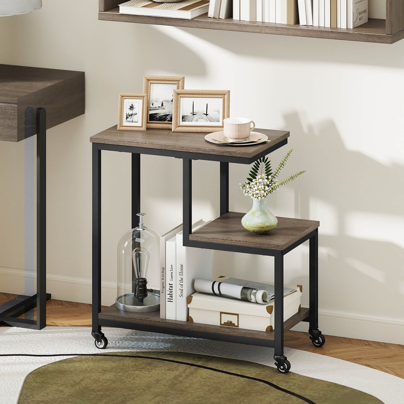 Modern G-Shaped End Table Home 3-Tier Side Table w/ Storage Shelves Accent Table