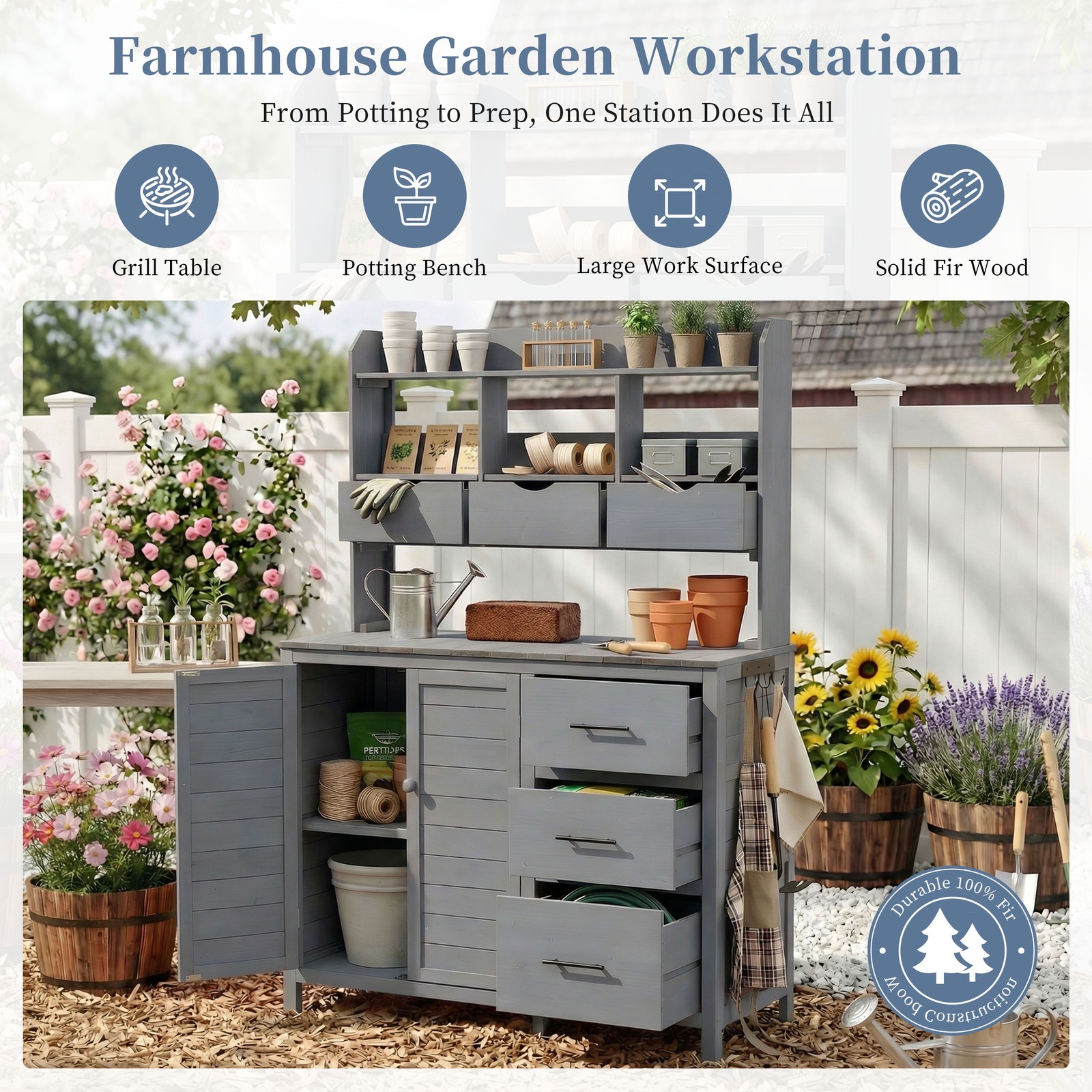 Farmhouse Patio Potting Bench, 44.6″x19.5″ Workstation w/ 6 Drawers & Cabinet