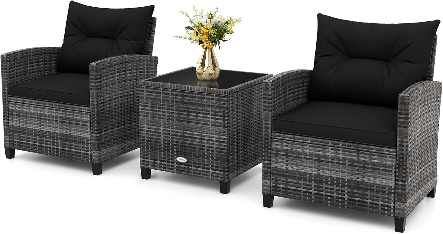 RELAX4LIFE 3 Piece Patio Furniture Set, Wicker Bistro Conversation Set W/2 Cushi